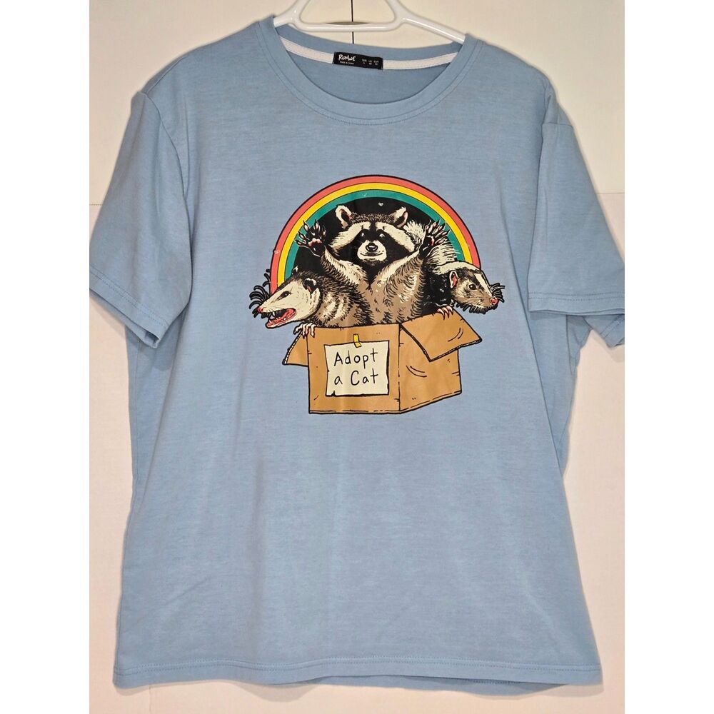 ROMWE Trash Panda Adopt a Cat Graphic T-Shirt | Men's Size L | Blue